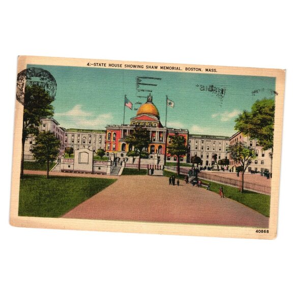 Vintage 1940 Boston State House Shaw Memorial Postcard Stamped Roadside Politics - Picture 1 of 2